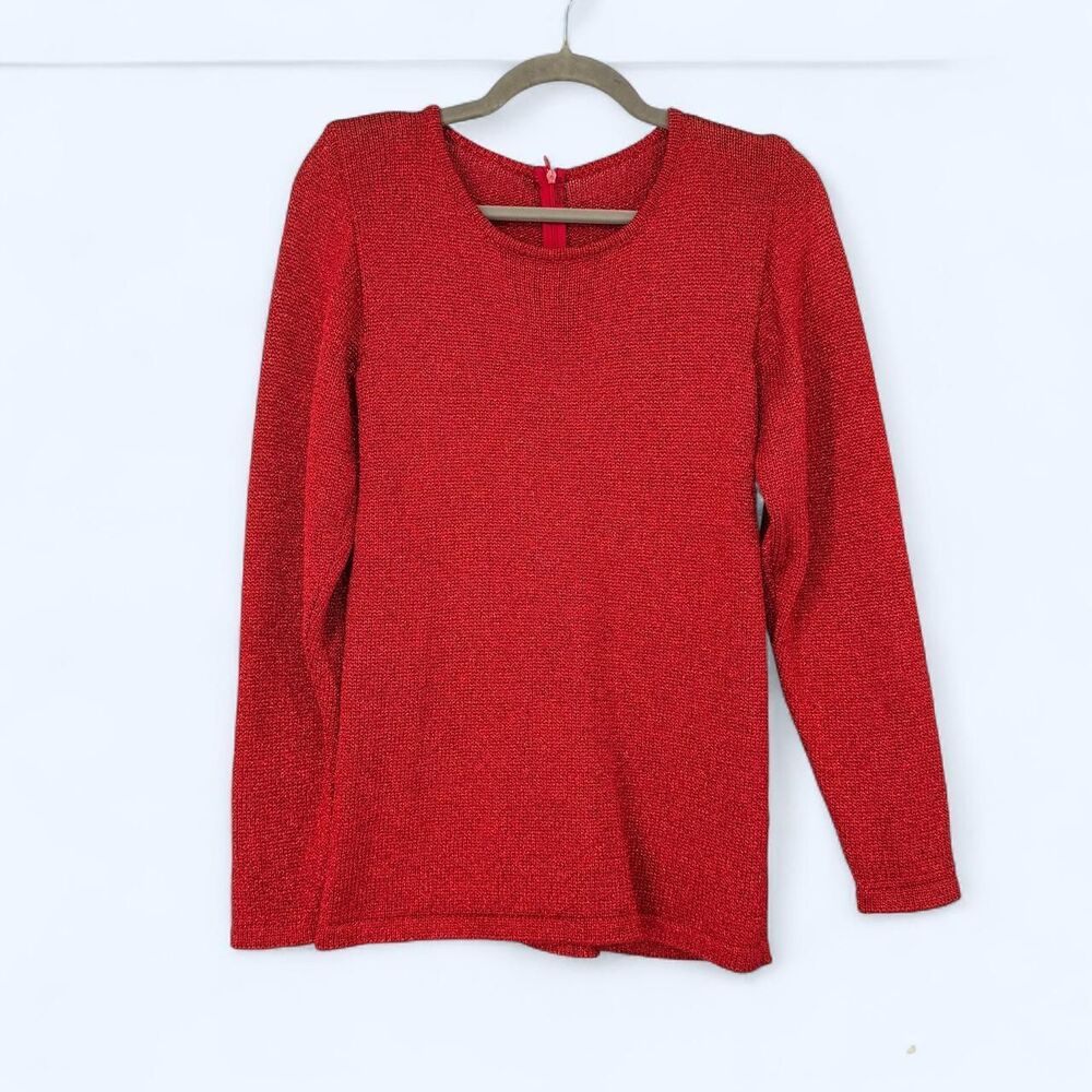 Red Metallic Long Sleeve Knit Scoop Neck Back Zipper Pullover The Shards c. 1985